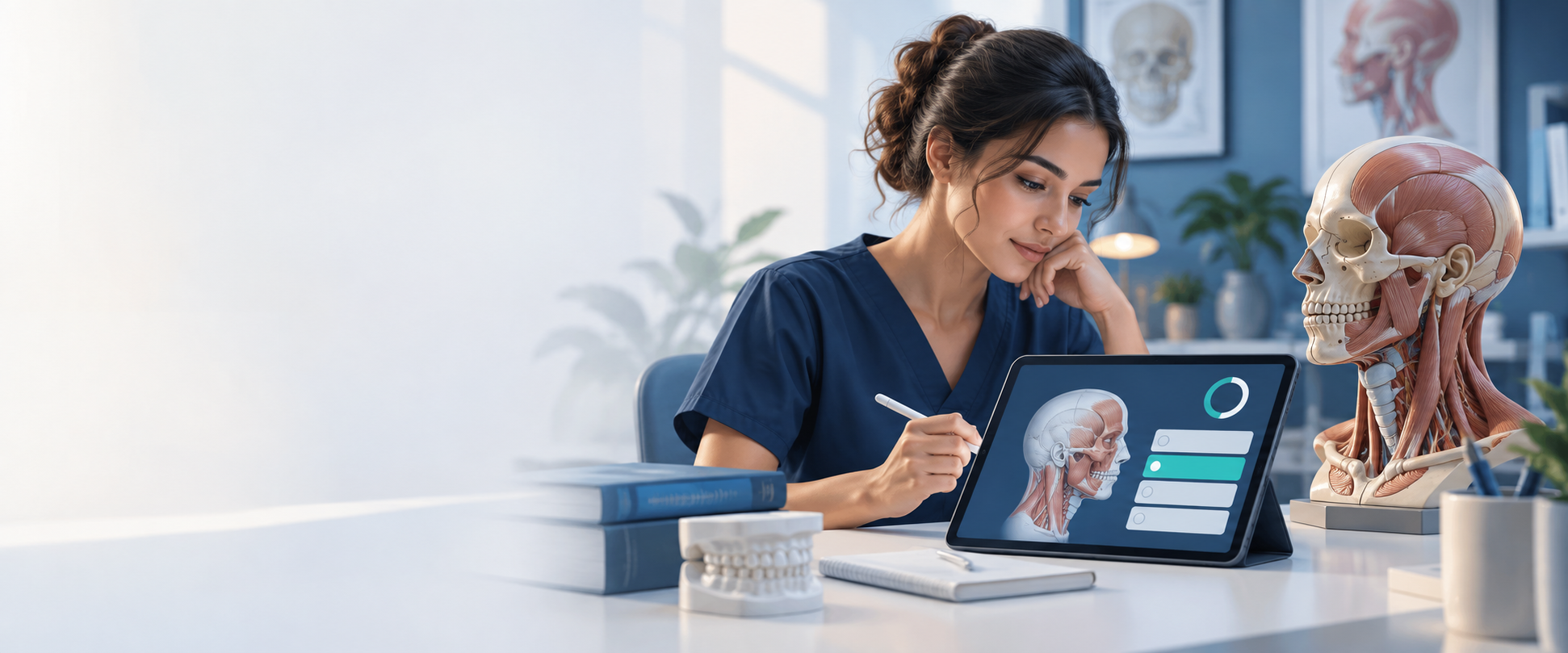 A dental student studying head and neck anatomy with a digital quiz